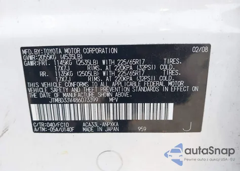 2008 Toyota Rav4 z USA, uszkodzony, nr VIN JTMBD33V486073399